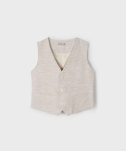 Beige childrens vest with a V neck four buttons down the front and two small front pockets