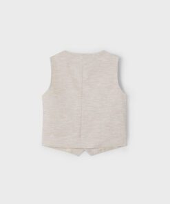 Back view of a light beige sleeveless knit vest laid flat showing a clean vertical center seam and a small pointed hem at the back