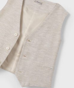 Beige textured waistcoat with cream lining front buttons and a small pocket along the side