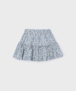 Light blue floral patterned skirt with an elastic waistband and two tier ruffles casual girls bottom