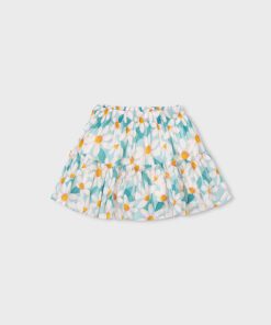 Tiered floral print toddler skirt in light blue with white petals and yellow centers elastic waist