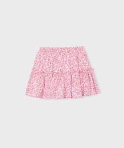 Pink floral print mini skirt with a ruffled tier