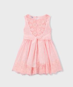 Pink sleeveless lace dress for a girl with a sash belt and scalloped hem
