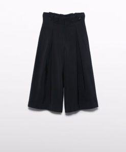 Black high waisted wide leg culottes with front pleats and buttoned waistband