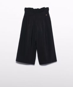 Black wide leg culotte shorts with a high structured waist and subtle pleats shown from the back with a small metal logo on the waistband pocket area