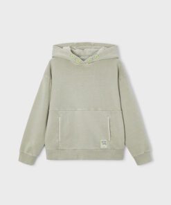 Light gray green hoodie with a front kangaroo pocket and neon green hood eyelets