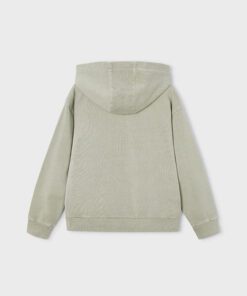 Back view of a light beige hoodie jacket with a large hood and ribbed cuffs and hem