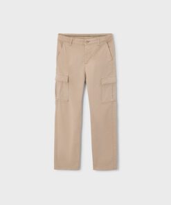 Beige cargo pants with two large side pockets and belt loops.